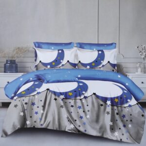 Lenjerie de pat dublu, 6 piese, Semiluna/ Stelute – Gri/ Albastru, bumbac finet