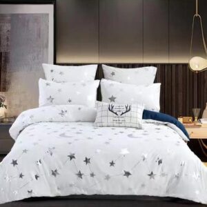 Lenjerie de pat dublu Luxury, Alb – Stelute argintii, bumbac finet, 6 piese